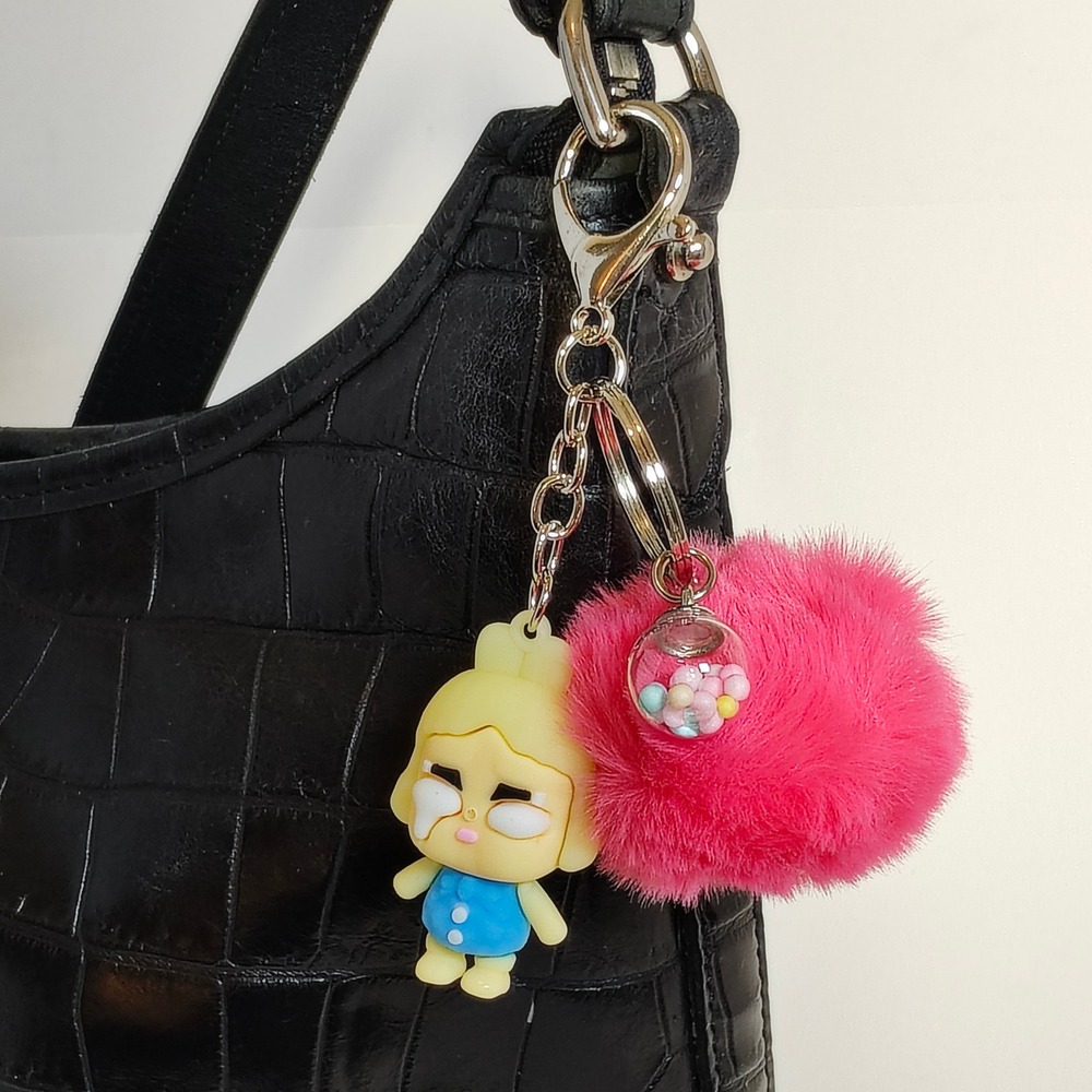 Cry Baby Kawaii Purse Charm Pink Pom Pom Keychain โ New